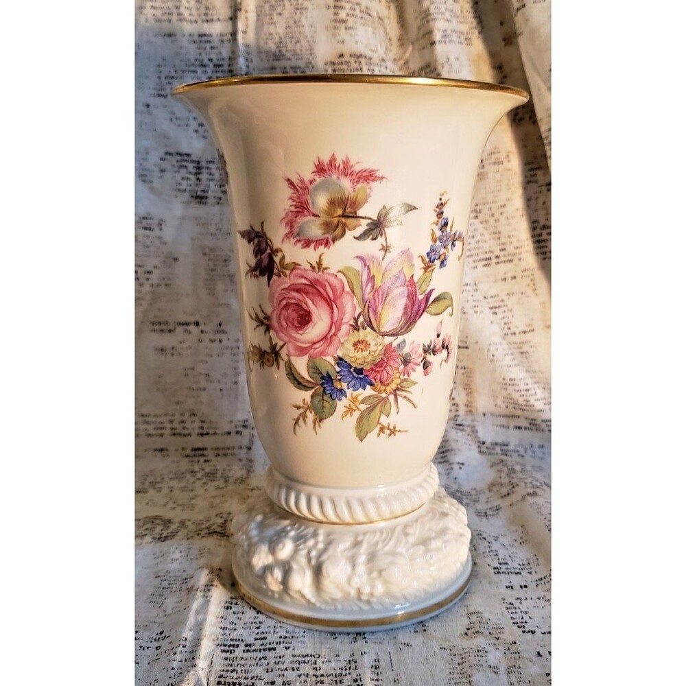 Old Money, Elegant, Floral, Rare -  Rosenthal Floral Trumpet Vase w/ Gold Trim